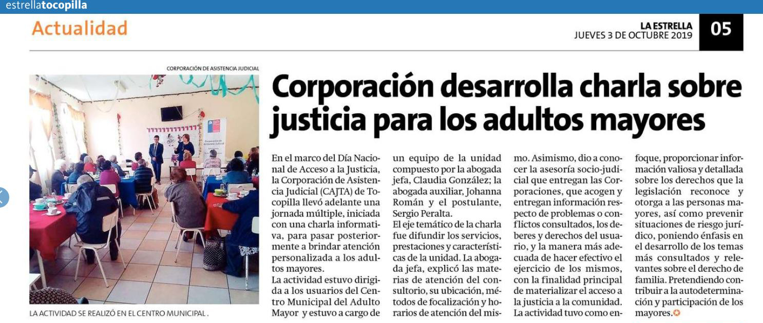 Día Nacional del Acceso de a la Justicia, charla a adultos mayores, informa Diario La Estrella de Tocopilla