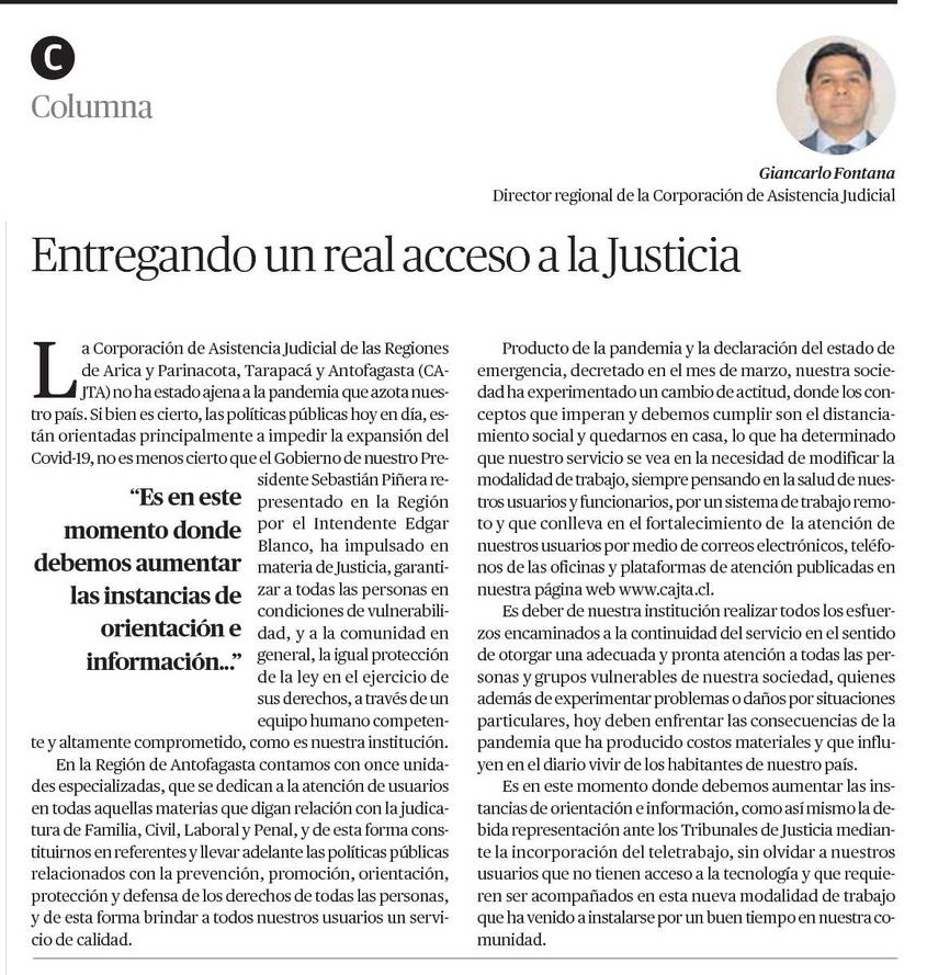 Columna del Director Regional de la CAJTA Región de Antofagasta, Giancarlo Fontana en el diario El Mercurio de Calama
