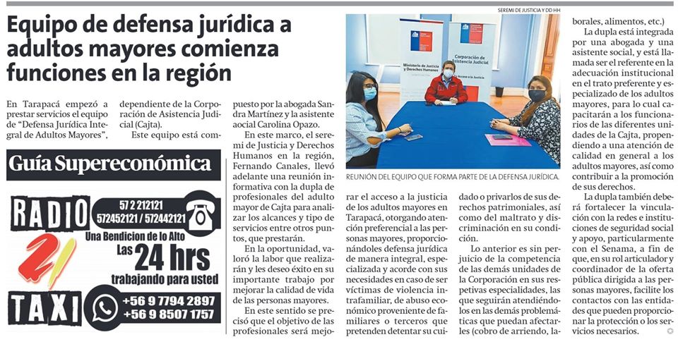 Diario La Estrella de Iquique, destaca reunión del Seremi de Justicia con equipo de Defensa Jurídica a Adultos Mayores