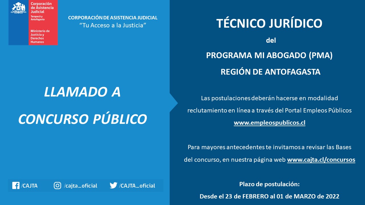 Llamado a concurso público para Técnico Jurídico del Programa Mi Abogado en Región de Antofagasta
