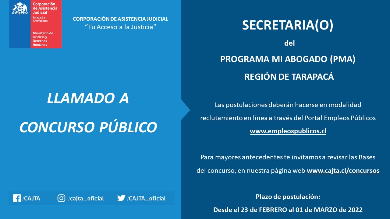 Llamado a concurso público para Secretaria/o del Programa Mi Abogado en Región de Tarapacá