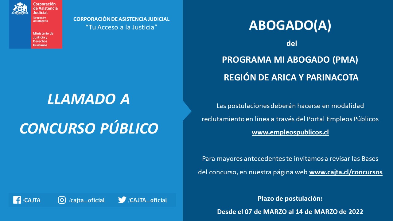 Llamado a concurso público para Abogado/a del Programa Mi Abogado en Región de Arica y Parinacota