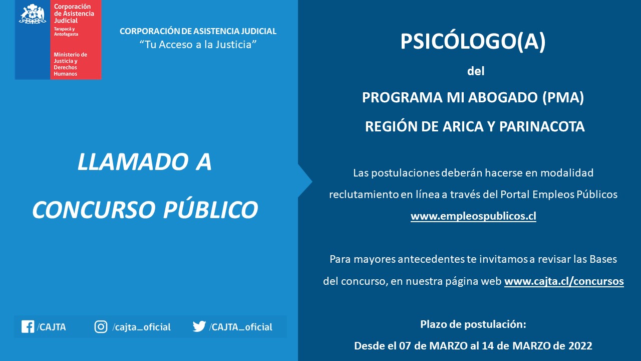 Llamado a concurso público para Psicólogo/a del Programa Mi Abogado en la Región de Arica y Parinacota