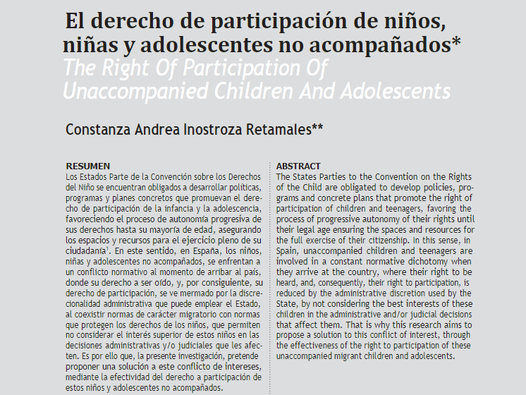 INVITAMOS a leer el documento: "El derecho de participación de niños, niñas y adolescentes no acompañados”