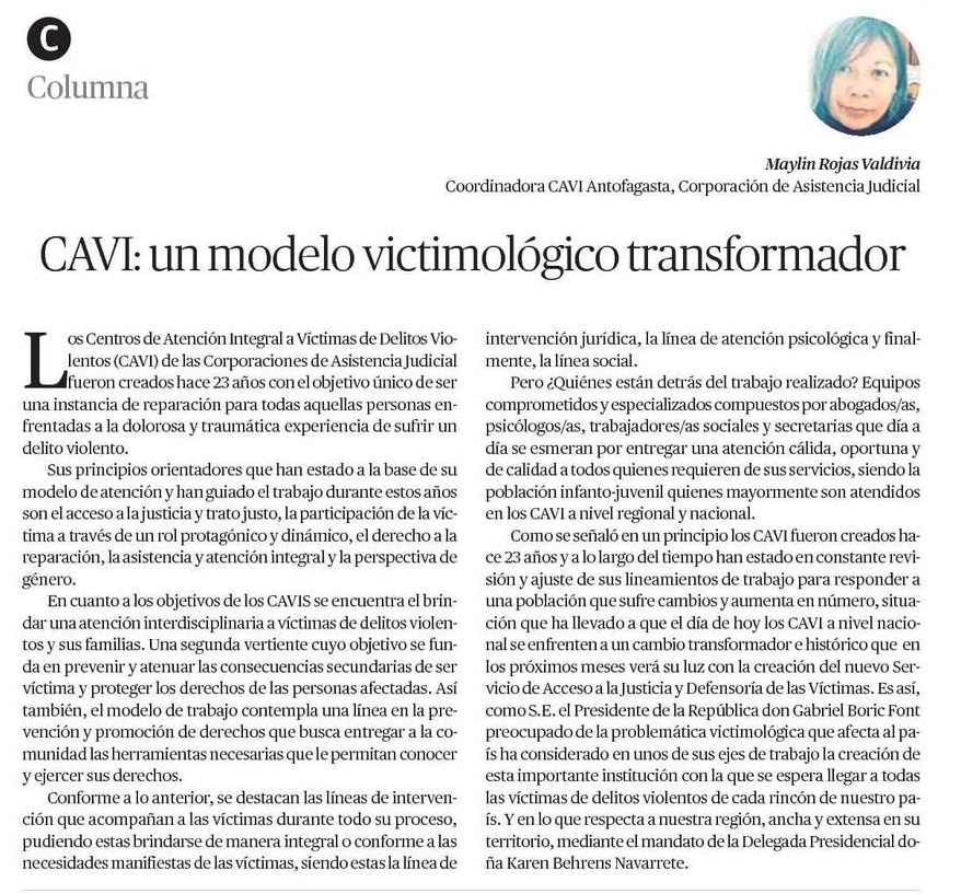 Invitamos a leer la columna en el diario El Mercurio de Calama de la Coordinadora del CAVI de Antofagasta