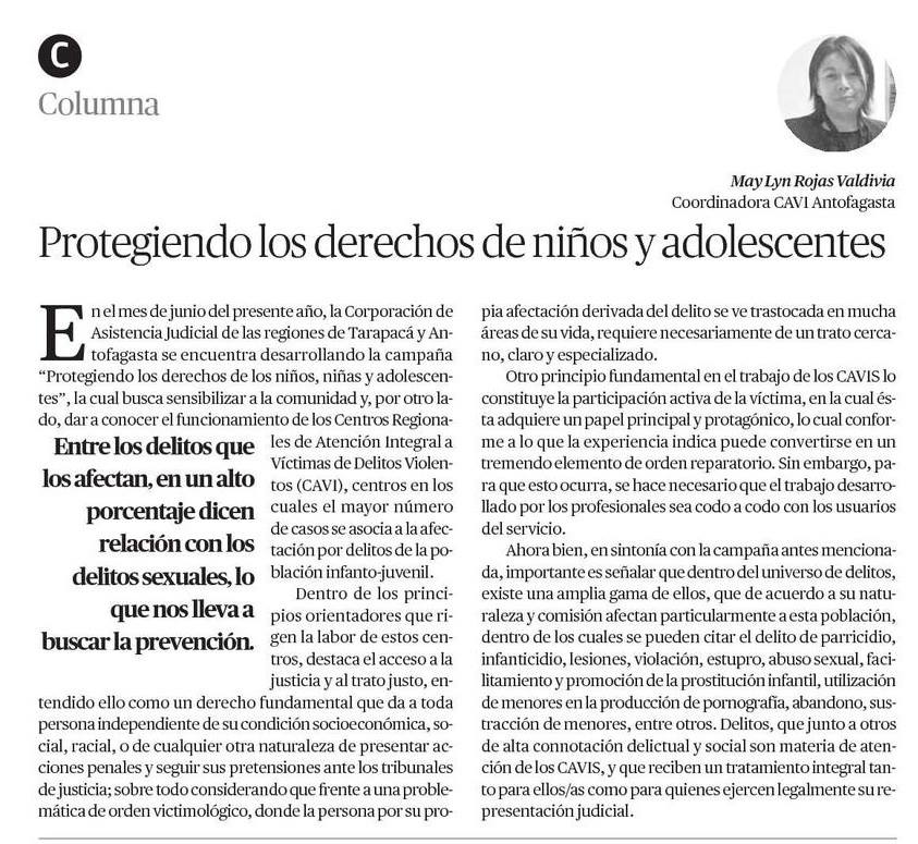 Invitamos a leer la columna "Protegiendo los derechos de los niños, niñas y adolescentes" de la Psicóloga Coordinadora del CAVI Antofagasta, May Lyn Rojas Valdivia