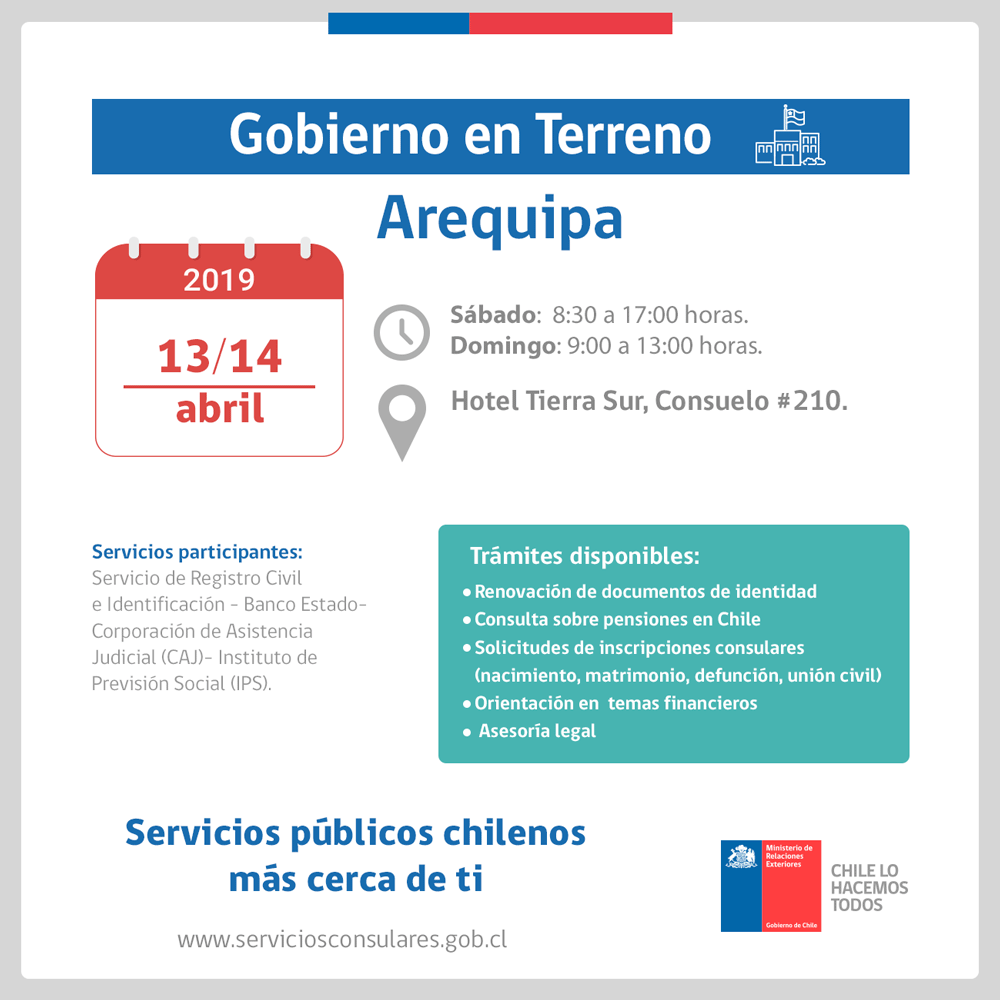 Chilenos en Arequipa: sábado 13 y domingo 14