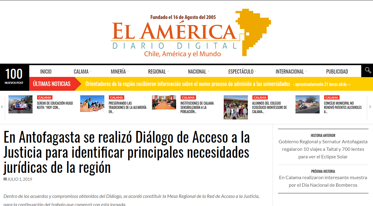 Publican en Diario Digital El América de Antofagasta, Diálogos de Acceso a la Justicia