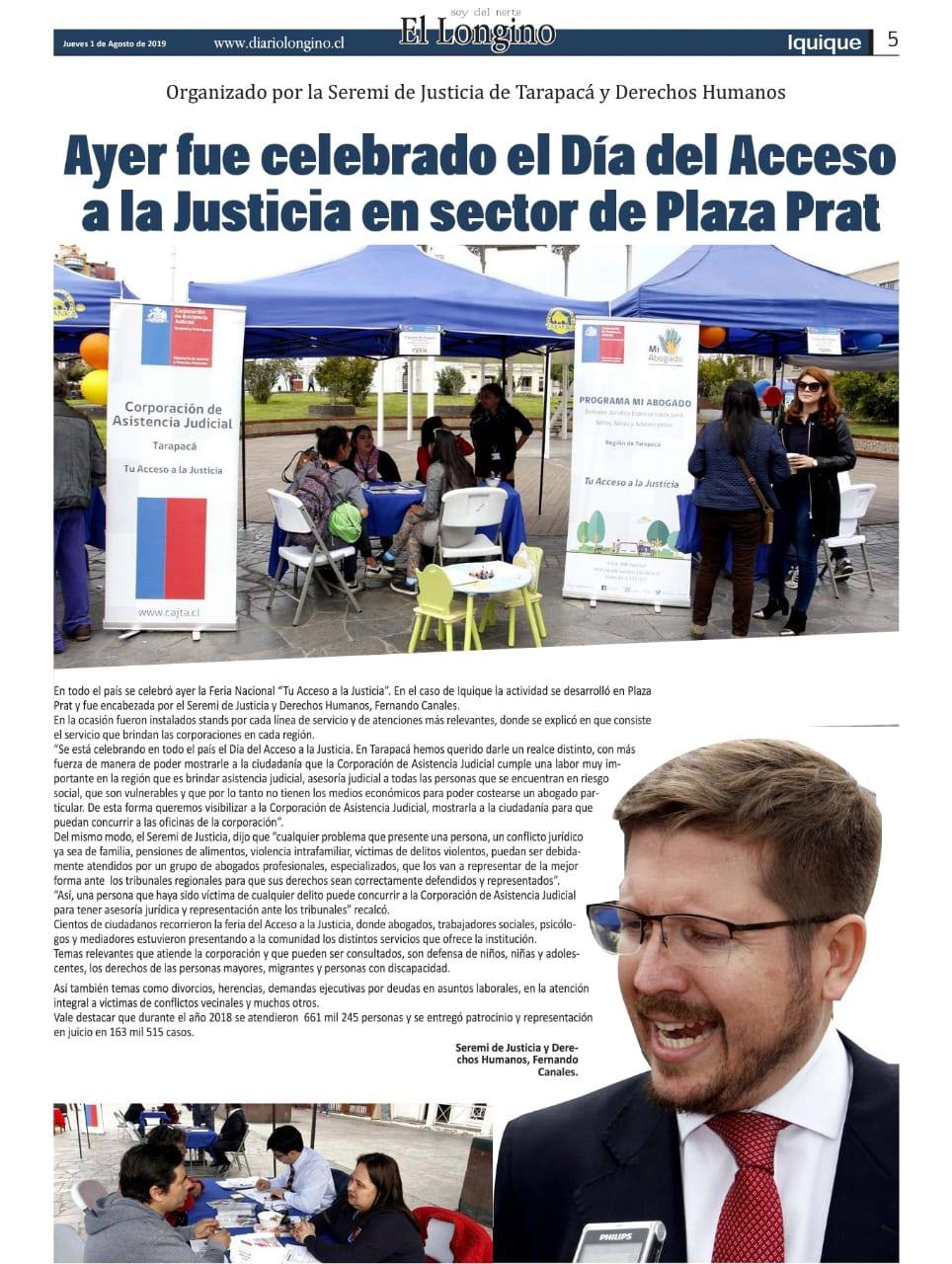 En el diario El Longino de Iquique se informa sobre la Primera Feria Nacional de las CAJ, "Tu acceso a la Justicia"